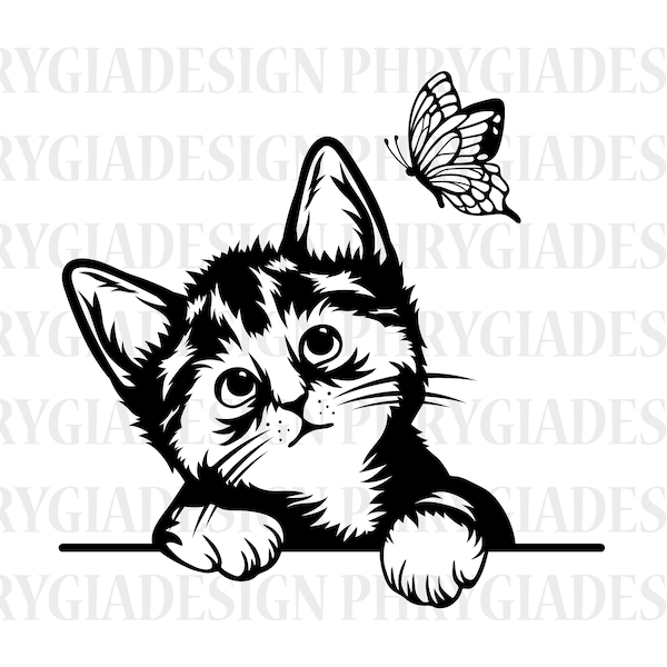 Cute Cat Svg , Cat With Butterfly Svg , Curious Kitten Clipart , Cat Svg , Peeking Face Svg , Cute Cat Png , Cat Png , Cat Shirt Svg