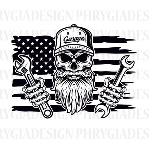US Mechanic Skull Svg Png , Patriotic Skull Svg , Skull Svg , Wrenches Svg , Tools Svg , Repair Svg , Bearded Skull Svg , Digital Download