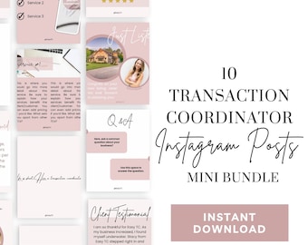 May include: A pink and white graphic design with the text "10 Transaction Coordinator Instagram Posts Mini Bundle" and "Instant Download". The graphic also includes a client testimonial, a reminder, and a Q&A section.