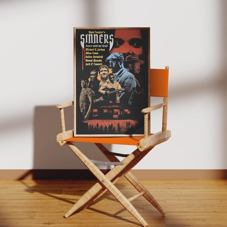May include: A rectangular film poster titled Sinners Dance with the Devil featuring a dark colour palette with red and blue accents. The poster displays multiple figures, including a man in a flat cap, and lists cast names like Michael B. Jordan.
