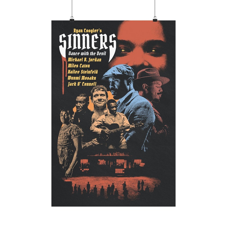 May include: A film poster for Ryan Coogler's Sinners: Dance with the Devil, featuring a large red-toned face with glowing eyes at the top, and a group of people below, including a man playing a guitar, all set against a dark black background.
