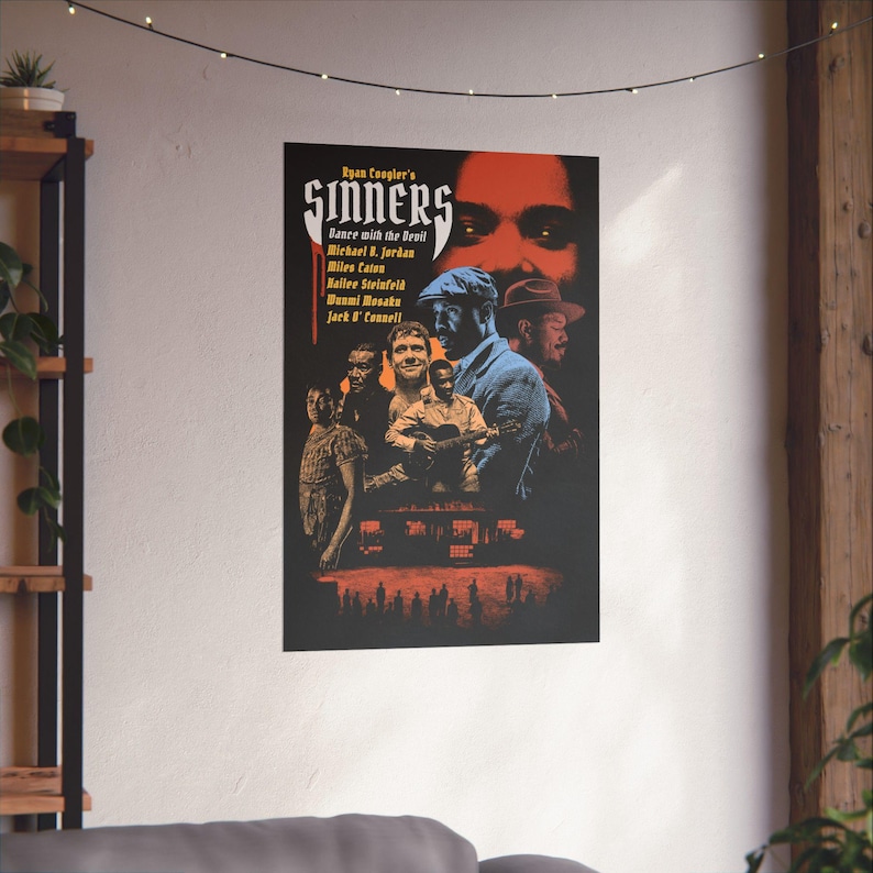 May include: A vertical film poster for Ryan Coogler's Sinners, Dance with the Devil. The design features a dark background with orange and blue tones, showcasing a cast of characters, a person playing a guitar, and a crowd silhouette at the bottom.