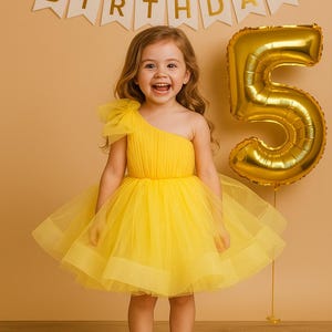 Baby Girl First Birthday Yellow Tutu Dress: One-Shoulder Party Gown