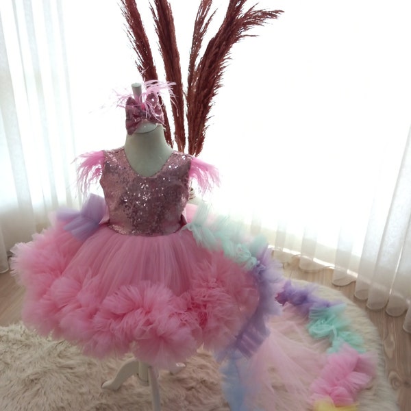 Pink sequinned special occasion,detachable train,long tail tutu,first birthday,toddler party dress,photo shooting,ostrich feather shoulder