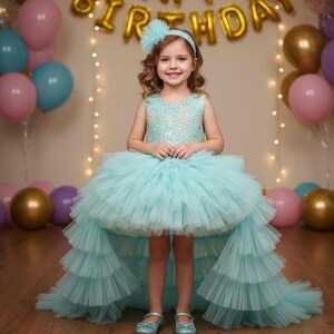 Mint Green Ball Gown Flower Girl Dress: Sequined Top, Detachable Train