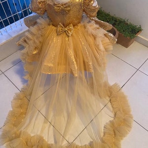 Gold Princess Tutu Dress with Train | Toddler Birthday Dress | Shiny Flower Girl Gown | Metallic Tulle Dress | Custom Party Dress Baby Girl