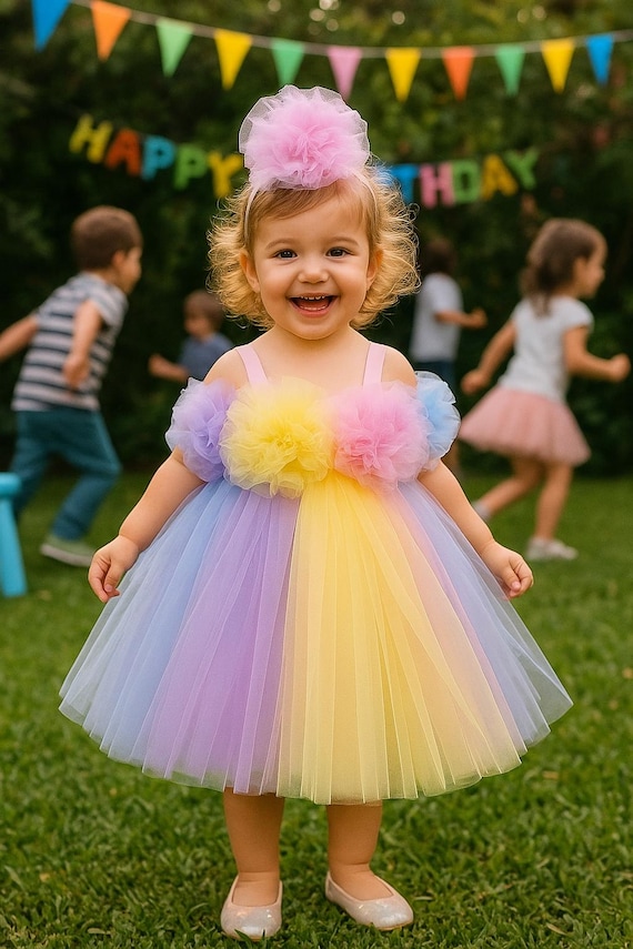 birthday rainbow tulle dress Unicorn Tutu Dress: Toddler Girl Party Gown Elirae | White Asymmetric-Neck Minimalist color:Teal Pattern/Pattern