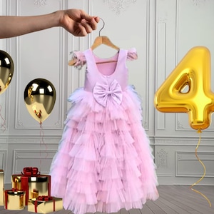 Pink Ruffle Tulle Flower Girl Dress: Long Princess Party Gown