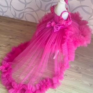 Fuchsia First Birthday Tutu Dress with Detachable Train: Hot Pink Cake Smash Outfit