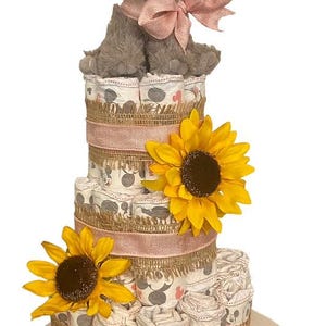 3 Tier Sunflower Diaper Cake, Baby Shower, Gifts, Boy or Girl, Pink, Blue, Personalized, Gender Reveal