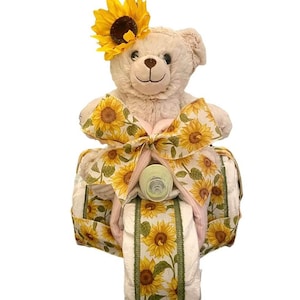 Sunflower Tricycle Diaper Cake, Baby Shower Gift, Sunflowers, Size 1 Diapers, Personalize