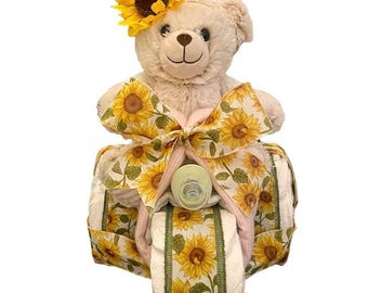 Sunflower Tricycle Diaper Cake, Baby Shower Gift, Sunflowers, Size 1 Diapers, Personalize