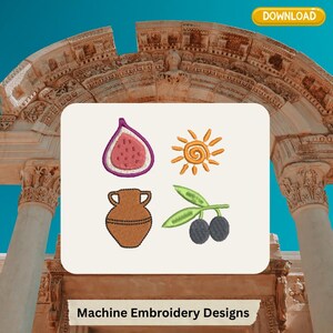 エーゲ海沿岸の刺繍デザイン – 地中海のイチジク、太陽、オリーブ（デジタルダウンロード）