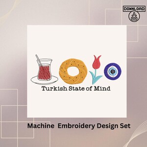 Turkish Embroidery Design Set – Istanbul Elements, Tea, Tulip, Evil Eye (Digital File)