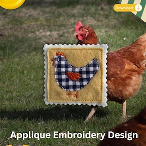 May include: A square fabric patch with a scalloped white border featuring a mustard yellow background and a central applique of a chicken. The chicken is crafted from black and white gingham fabric with an orange wing and red embroidered feet.