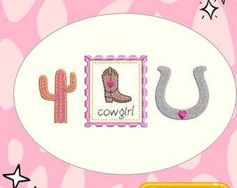 May include: Embroidered design with a cactus, a cowboy boot with a heart, and a horseshoe with a heart. The word "cowgirl" is below the boot. Set against a pink background with stars and sparkles.