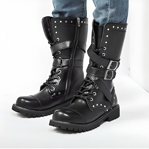 Men's Handmade Vegan Leather Motorcycle Boots Laced and Etsy