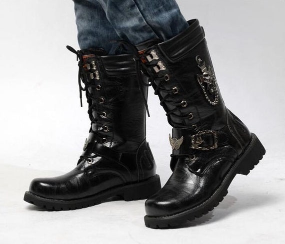 Botas moteras hechas a mano de cuero para hombre Botas