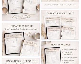 May include: Digital and printable debt payoff and sinking funds planner. The planner includes two financial trackers, debt overview, and a debt payoff tracker. It is undated and reusable, allowing users to track debt and savings. The planner is available as a digital download.