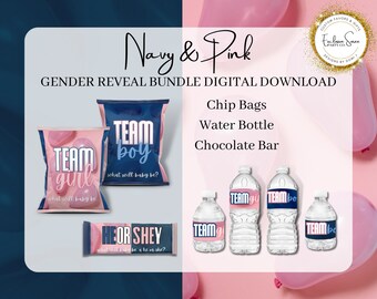 May include: A digital gender reveal bundle in navy and pink, including chip bags, water bottle labels, and chocolate bar wrappers. The designs feature the phrases "Team Girl", "Team Boy", and "He or She".
