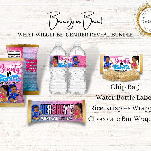 Beauty or Beats Gender Reveal Bundle l Chip Bag l Rice Krispies l Chocolate Bar l Water Bottle l Digital Download Printable l Baby Shower