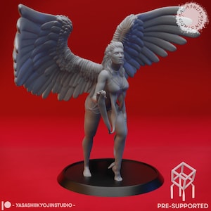 May include: A 3D-printed figurine of a woman with large, detailed wings, posed on a black circular base. The figure is in a dynamic stance, with one arm extended. The background is a solid red. The text "PRE-SUPPORTED" is visible.