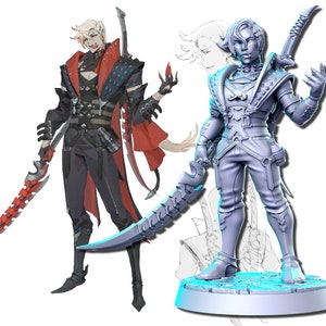 May include: An illustration and a 3D model of a character with a sword. The illustration features a character in black and red attire, holding a red sword. The 3D model is a gray figure with a sword, standing on a circular base.