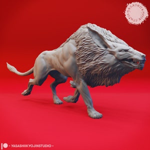 May include: A light gray, 3D-printed sculpture of a lion-like creature with a fierce expression. The creature is in a running pose, with detailed fur and muscular definition. The background is a solid red color. The text "YASASHIIKYOJINSTUDIO" is visible.