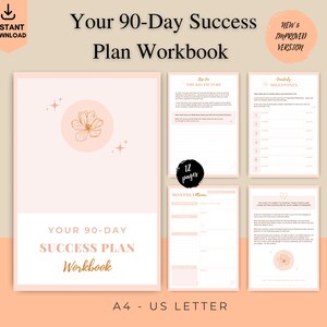 Cuaderno de trabajo imprimible del plan de éxito de 90 días, planificador de objetivos digitales para mujeres y emprendedoras ocupadas, edición Peach, 12 páginas, A4, carta de EE. UU.