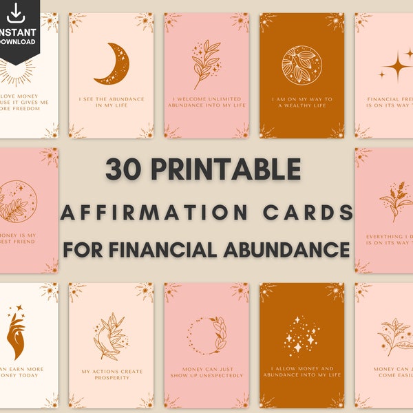 30 Money & Abundance Affirmation Cards, Printable Affirmations, Money Mindset Tool, 32 pages, 5 x7 inches