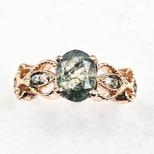Natural Moss Agate engagement ring 925 Sterling Silver Oval Ring unique Emerald cut Ring green Agate wedding ring bridal ring Anniversary
