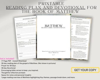 May include: Printable reading plan and devotional for the Book of Matthew. The image shows a reading guide and devotional with the text "Matthew Reading Guide and Devotional". Includes a 30-day reading plan, prayer, and devotional.