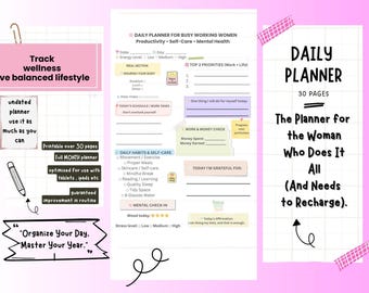 May include: A pink and white daily planner for busy working women, with sections for productivity, self-care, and mental health. Features include space for daily priorities, meal planning, and self-care habits. Includes the text "Organize Your Day. Master Your Year."