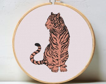 Gráfico de ponto cruz digital Tiger Retro Resort - download instantâneo de padrão de ponto cruz, PDF moderno e elegante, tela de malha 18