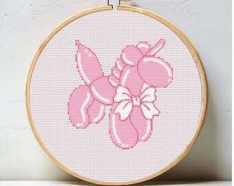 Pink Balloon Animal Unicorn Digital Cross Stitch Chart - instant download needlepoint pattern, preppy trendy PDF 18 mesh canvas