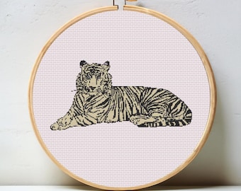 Gráfico de ponto cruz digital Tiger Retro Resort - download instantâneo de padrão de ponto cruz, PDF moderno e elegante, tela de malha 18