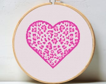 Pink Cheetah Hearr Digital Cross Stitch Chart - instant download needlepoint pattern, preppy trendy PDF 18 mesh canvas