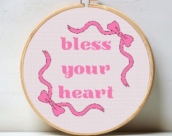 Digitalt korsstygnskuggamönster för Bless Your Heart - direkt nedladdning av nålspets-kuddemönster, preppy trendig PDF med 18 mesh canvas