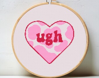 Pink Cheetah Heart Digital Cross Stitch Chart - instant download needlepoint pattern, preppy trendy PDF 18 mesh canvas