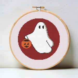 Halloween Ghost Trick or Treat Digital Cross Stitch Chart - instant download needlepoint pattern, preppy trendy PDF 18 mesh canvas