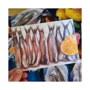 Dutch Delicacy New Herring with Lemons Greeting card - A6 - Art print - Fish postcard - raw fish with onions - Dutch traditional food