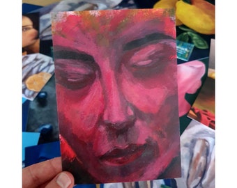 Female Face Expressing itself Greeting Card - Red postcard - closeup Woman - Art print - paint