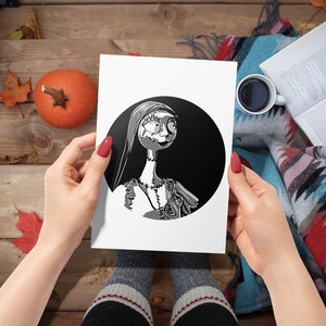 May include: A black and white illustration of Sally from The Nightmare Before Christmas. The illustration is in a circle on a white background.