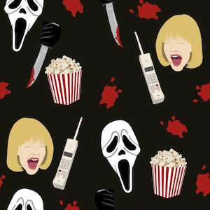 May include: A repeating pattern on a black background featuring elements from a horror movie. Includes a white ghost face mask, a bloody knife, a blonde woman screaming, a retro cell phone, popcorn, and red blood splatters.