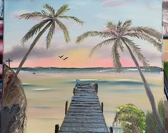 Muelle en el lago Florida, pintura al óleo original