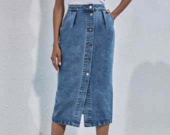 Long Denim Skirt, Modest Denim Skirt, Denim Maxi Skirt, Denim Wrap Skirt