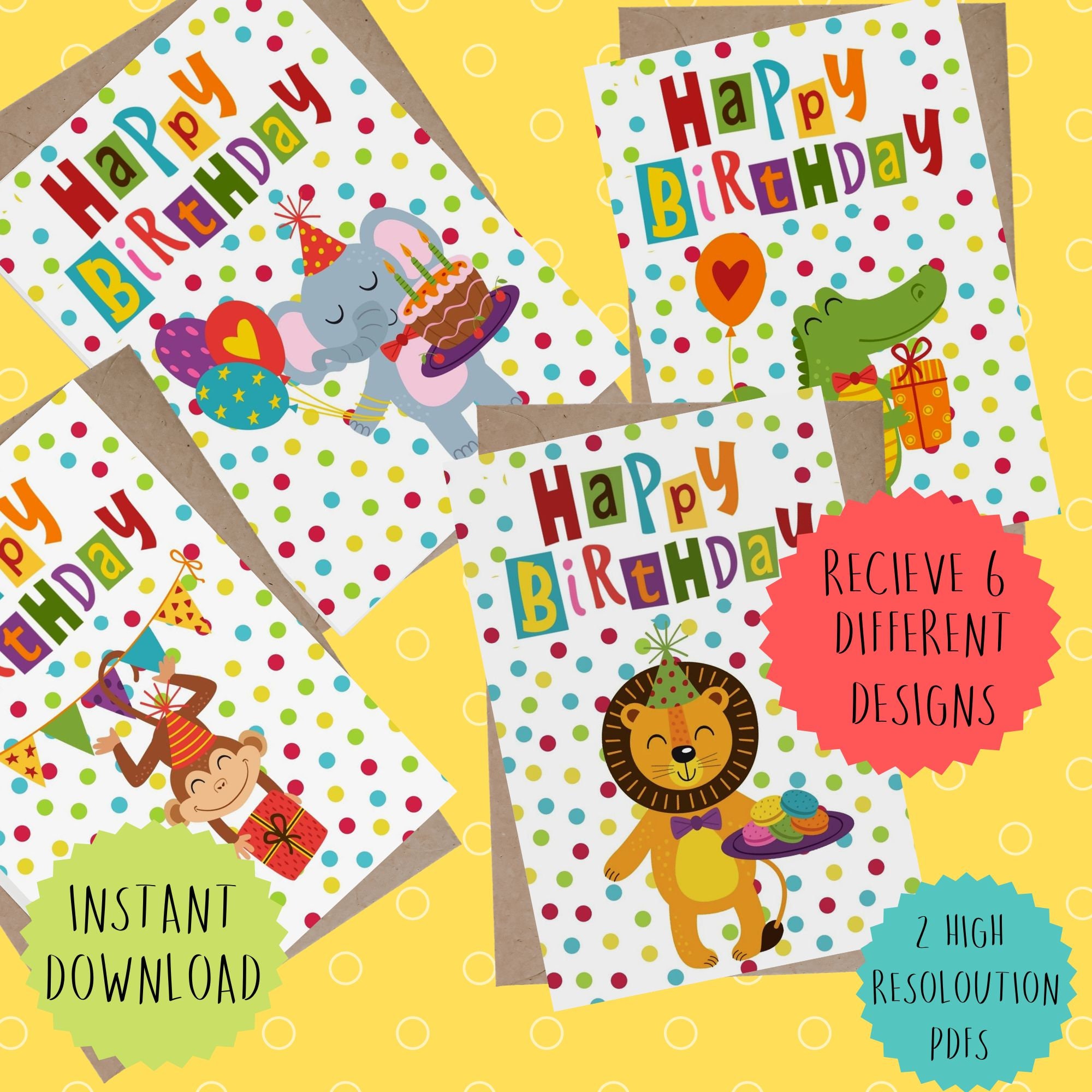 Printable Childrens Birthday Cards Bundle Set of 6 Digital Etsy