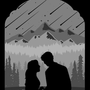 Puede incluir: Silueta de una pareja de pie frente a una cordillera con un cielo nocturno estrellado. La pareja se mira y el cielo está lleno de estrellas fugaces.