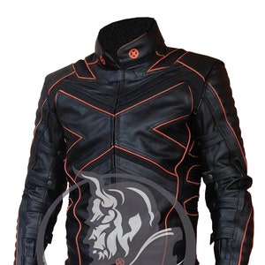 May include: Black leather motorcycle suit with orange stitching. The suit has a high collar and a zipper closure. The suit has a  padded design on the knees and elbows.