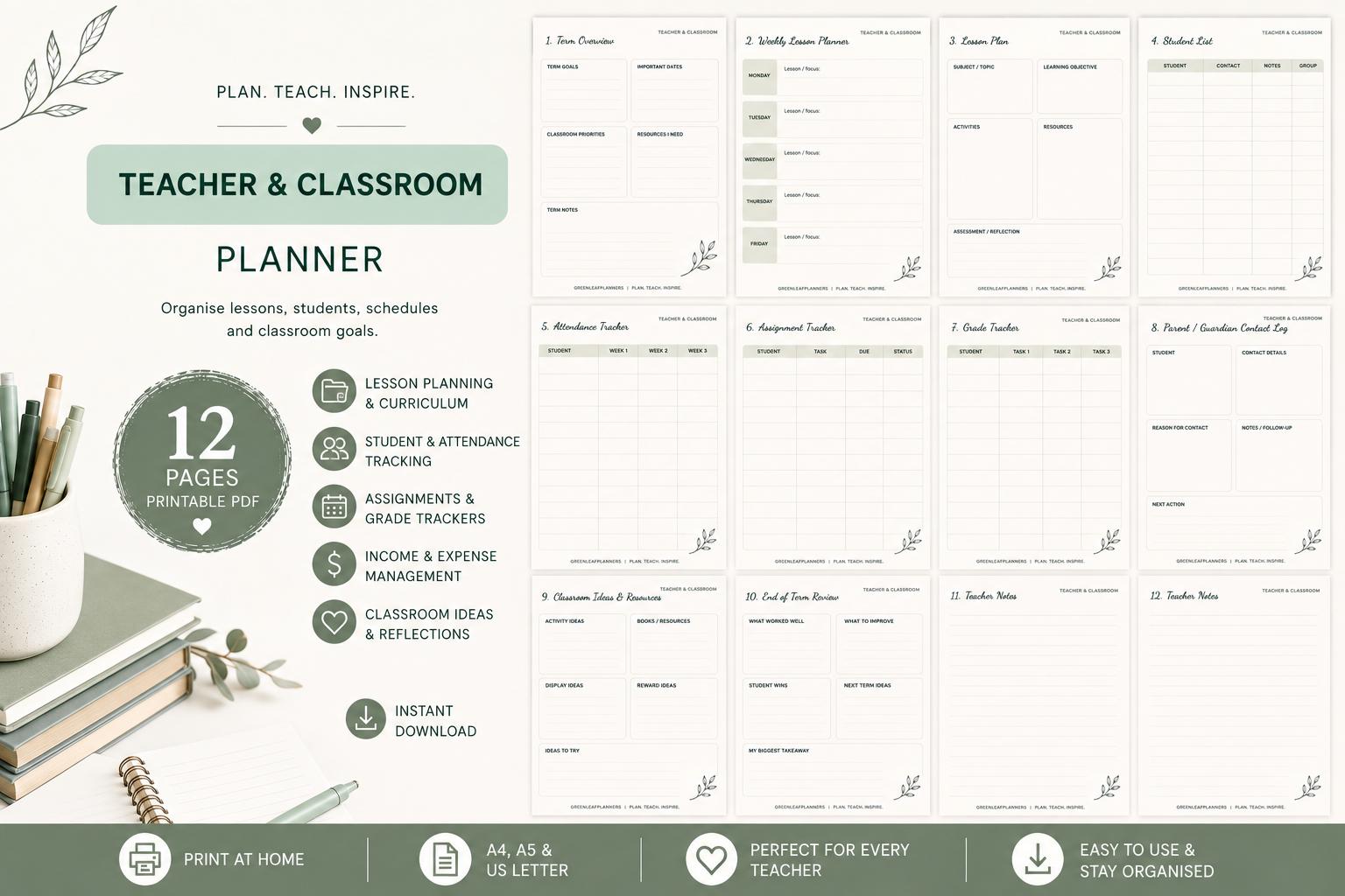 Teacher Classroom Planner PDF Lesson, Attendance, Grade Trackers (Digital Download)